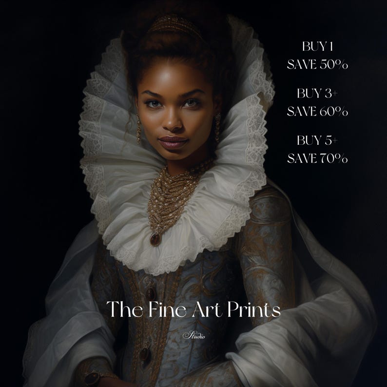 Puede incluir: Un retrato de una mujer con un collar de encaje blanco y un vestido con estampado dorado y azul. El texto "The Fine Art Prints Studio" est&aacute; en la parte inferior de la imagen. El texto "BUY 1 SAVE 50%, BUY 3+ SAVE 60%, BUY 5+ SAVE 70%" est&aacute; en la esquina superior derecha de la imagen.