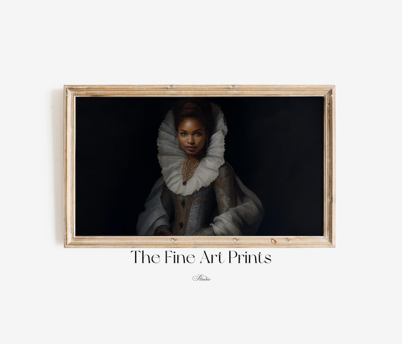 A moody digital Samsung Frame TV Art of a black woman with a regal expression, set against a dark, dramatic background, dressed in vintage aristocratic attire, featuring a ruffled lace collar, a richly embroidered gown, and layered pearl jewelry.