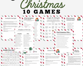 Pode incluir: Um conjunto de 10 jogos de Natal imprimíveis, incluindo "Rudolph's Spotlight", "Christmas Movie Match", "Jingle & Mingle", "Naughty or Nice List", "Double Dice Disc", "Find Someone Who", "Christmas Around the World", "Frosty's Fur", "Swap" e "Movie or Match".