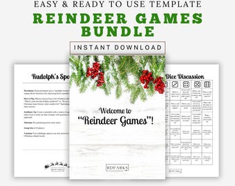 Puede incluir: Un conjunto de juegos imprimibles con temática de renos para niños. Los juegos incluyen "Rudolph's Spotlight" y "Dice Discussion". Los juegos están diseñados para ser utilizados durante la temporada navideña.