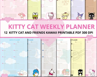 Weekly Planner Kitty Cat and Friends Digital Papers - 12 Designs 300 dpi - Ready to Print - High Quality - Pink PDF Organization Kawaii