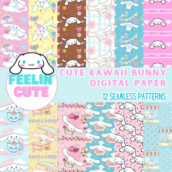 Cute Bunny KITTY CAT Digital Seamless Papers - 12 Designs 300 dpi - Ready to Print - High Quality - Pink Blue Rollo de Canela