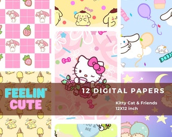 Cute KITTY CAT Digital Papers - 12 Designs 300 dpi - Ready to Print - High Quality - Pink