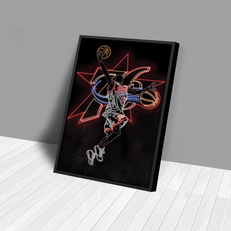 Allen Iverson Poster Neon Effect Philadelphia 76ers NBA Canvas Wall Art ...