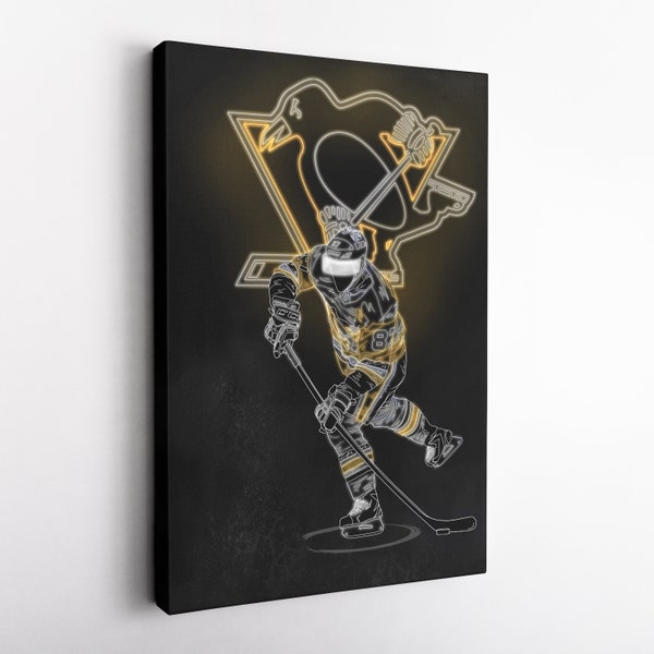 Sidney Crosby Poster Neon Effect Pittsburgh Penguins NHL Canvas Wall Art Print Kids Room Framed Poster Home Decor