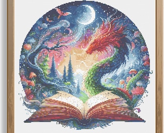 Dragon & Book Fantasy Landscape Cross Stitch Pattern (PDF Pattern)