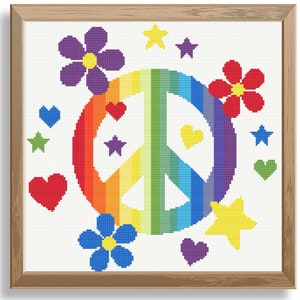 Retro Peace sign cross stitch pattern, Colorful Peace sign cross stitch pattern