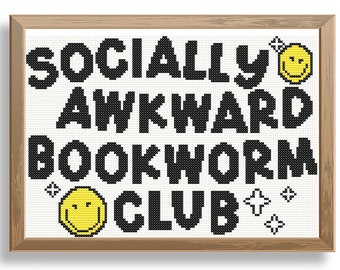 Socially Awkward Bookworm Club, Funny Cross Stitch Pattern, Easy to Make