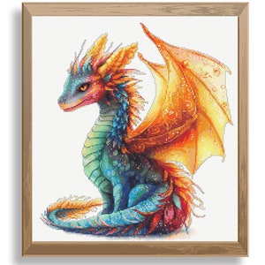 Dragon cross stitch pattern, Colorful fantasy dragon