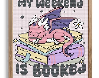 Cute Dragon with Books cross stitch pattern, Cute saying cross stitch pattern, Dragon cross stitch pattern