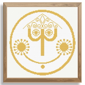May include: A gold cross-stitch pattern with a stylized tree design in a circular frame. The tree has a crown and two stylized sunbursts on either side.
