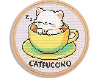 Catpuccino cross stitch pattern, Food puns cross stitch pattern