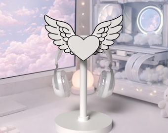 Angel Headphone Stand with Heart & Wings – Gaming Setup Decor, Cute Aesthetic Headset Holder – Headphone Stand Heart Wings Decor