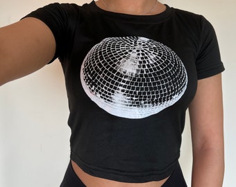 Y2K Disco Ball Crop Top Baby Tee, Y2K Disco Ball Baby Tee, Y2K Baby Tee, Y2K Disco Baby Tee, Y2K 90s Aesthetic Crop Top Baby Tee, Baby Tee