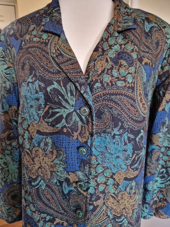 Vintage 1980s Green Blue Paisley Long Sleeved Shi… - image 2