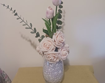 pink roses, pink tulips, floral arrangements, glass vase, drop beads.