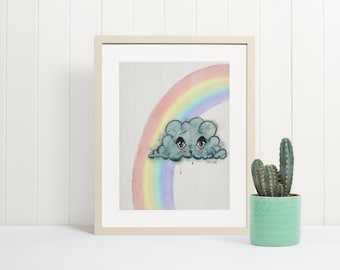Graziosa stampa artistica incorniciata, nuvola piangente con arcobaleno, poster d'arte digitale con cornice in legno e carta opaca, decorazione da parete con regalo unico e kawaii.