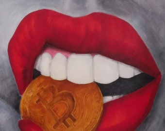 artistico, pittura a olio bitcoin, fatto a mano, pittura labbra rosse, disegno su tela, oro