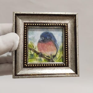 Framed Robin Bird Oil Painting: Small Original Bird Art