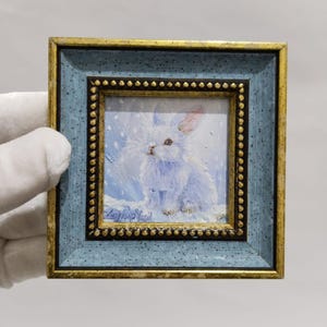 mini rabbit and snow painting custom made,oil painting original handmade miniature framed art wall decor,gift for friend Spring paintings
