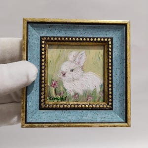 mini rabbit painting custom made, oil painting original handmade miniature framed art wall decor,gift for friend for friendgift for lover