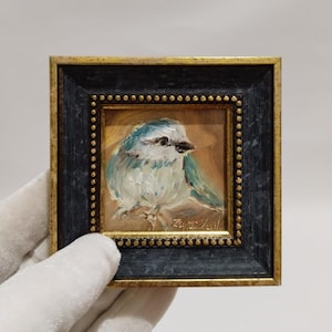 bird painting oil painting original handmade wall art framed small bird oil painting blue wall bird gift for girlfriend,gift for friend