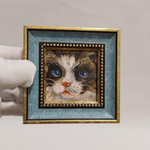 Framed Cat Oil Painting, Original Miniature Wall Art