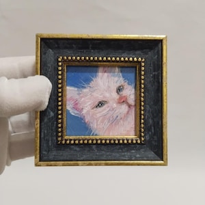 peinture de chat peinture à l'huile de chat blanc miniature faite main originale, art mural encadré, cadeau pour un ami, petit cadre cadeau de chat pour les amoureux