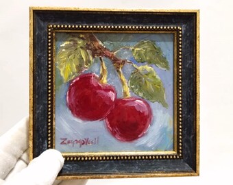 Pintura al óleo de cereza enmarcada original hecha a mano, arte de naturaleza muerta de frutas