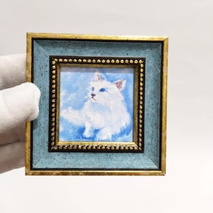 Miniature White Cat Oil Painting: Framed Handmade Wall Art