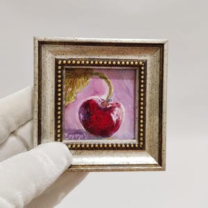 Framed Cherry Oil Painting: Miniature Still Life, Home Decor