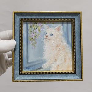 White cat in the window cat Painting Original Framed Oil Painting Handmade Modern Cat Art Unique Wall Decor and Gift for Friends and Lovers