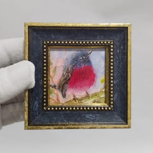 Robin bird painting original oil framed Small framed art bird artwork, Bird illustration art gift for friendfor lover Valentine&#39;s Day Gift