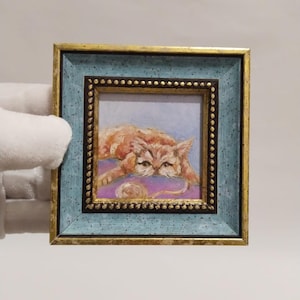 Miniature Orange Cat Oil Painting: Framed Handmade Wall Art