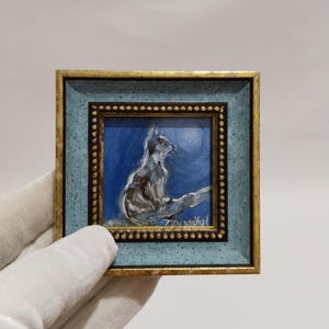 Cat night artistic painting oil painting original handmade miniature framed wall art, gift for friend, tiny Christmas giftgift for lover