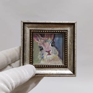 Miniature Rabbit Oil Painting: Handmade Framed Wall Art