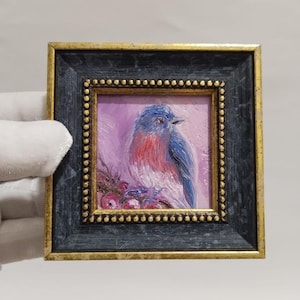 Framed Little Bird Painting Oil Painting Original Handmade blue Bird Home Decor Wall Art, for Friendfor lover Valentine's Day Gift