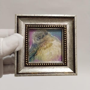 Miniature Bird Oil Painting: Framed Original Art - Valentine&#39;s Gift