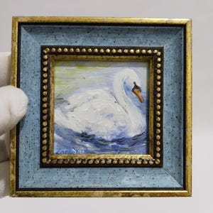 Swan painting oil painting White Swan gift,mini wall decor original painting,framed Swan painting,friend gift for,home gift swan painting