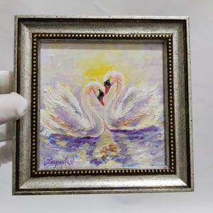 Framed Swan Oil Painting: Miniature Wall Art (13x13cm)