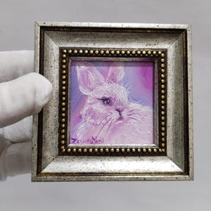 pink rabbit painting oil painting original handmade miniature framed art wall decor,gift for friend Spring paintings