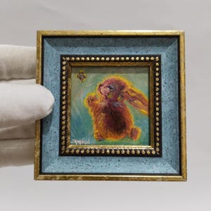mini rabbit painting custom made, oil painting original handmade miniature framed art wall decor,gift for friend for friendgift for lover