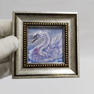 Swan Miniature Oil Painting: Framed Original Wall Decor, 8x8cm