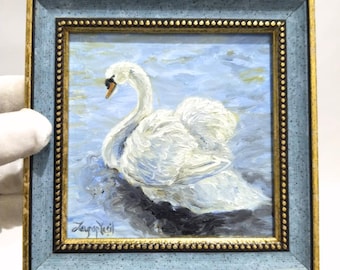 Original Swan oil painting White Swan gift,mini wall decor original painting,framed Swan painting,friend gift for,home gift swan painting