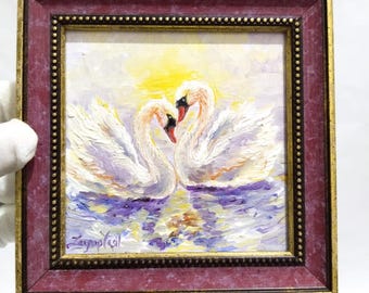 Original Hand Made Framed Swan Oil Painting: Miniature Wall Art (13x13cm)