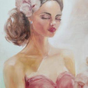 Romantic girl with flowers oil painting original handmade girl painting gift for friend, decor for home gift for friend