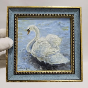 Swan oil painting White Swan gift,mini wall decor original painting,framed Swan painting,friend gift for,home gift swan painting