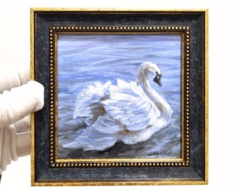 Original Hand Made Framed White Swan Oil Painting, Mini Wall Art, Swan Gift