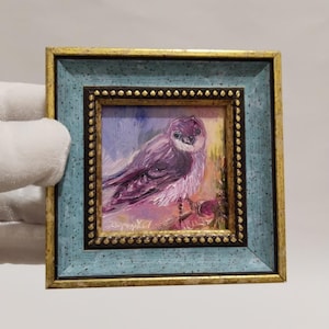 Little Bird Painting Miniature Wall Decor, Small Framed Original Oil Painting Gift for Friends, Cute Bird Artfor lover Valentine&#39;s Day Gift