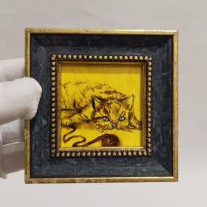 Peinture à l'huile de chat originale fait main miniature encadrée peinture murale chat jaune art mural pour ami cadeau à la maison chat mignon cadeau pour amoureux